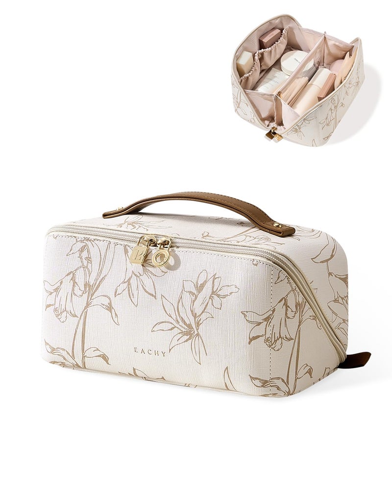 EACHY Travel Makeup Bag Large Capacity Cosmetic Bags for Women Waterproof Portable Pouch Open Flat Toiletry Bag Pattern Make up Bag FBeige